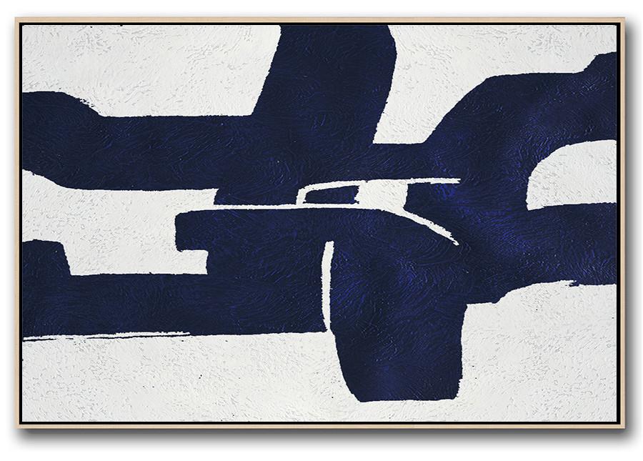 Horizontal Abstract Painting Navy Blue Minimalist Painting On Canvas - Fine Art Paintings For Sale Large